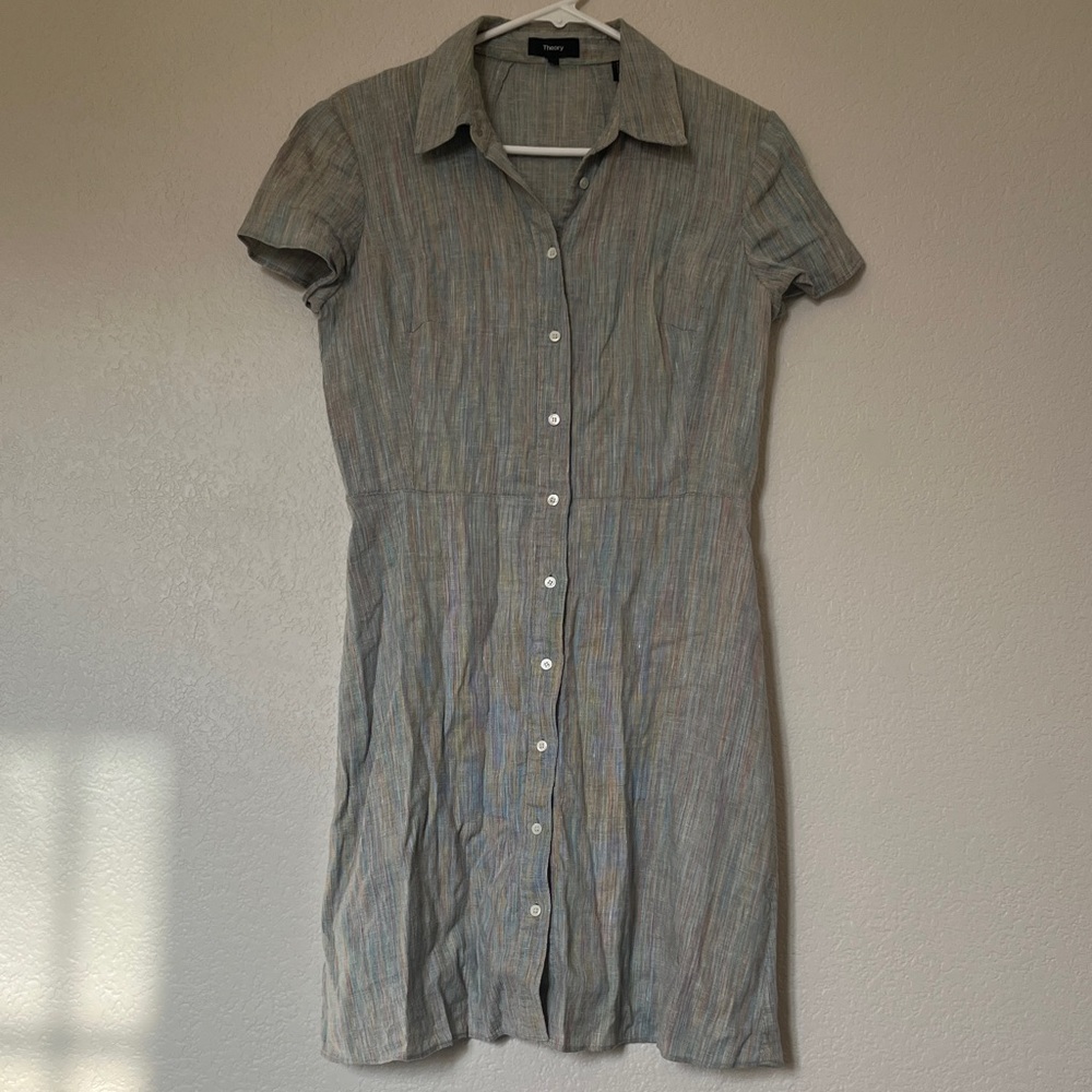 Theory Short-Sleeve Button-Front Linen Shirt Dress